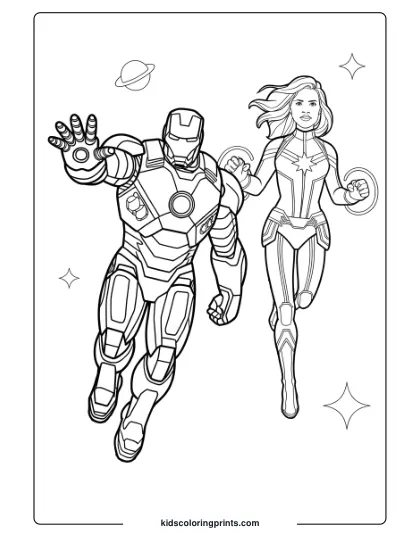 Iron Man And Captain Marvel On A Space Quest Coloring Page, Surrounded By Stars And Planets.