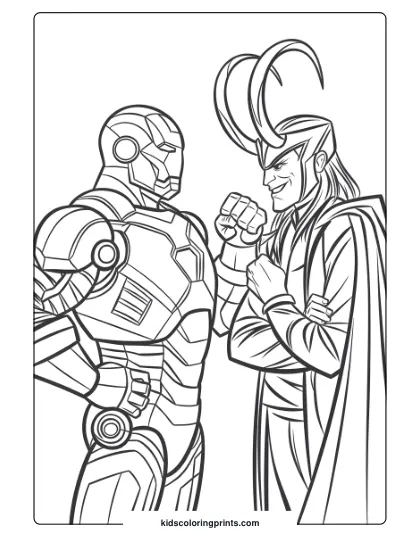 Iron Man And Loki In A Tense Confrontation Coloring Page, With Iconic Armor And Helmet Details.