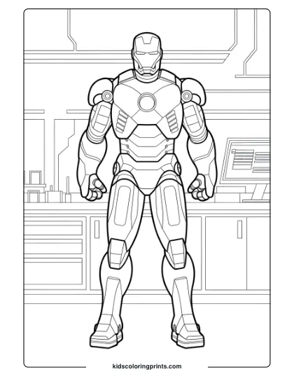Iron Man In The Stark Industries Lab Coloring Page, Showcasing His Detailed Metallic Armor.