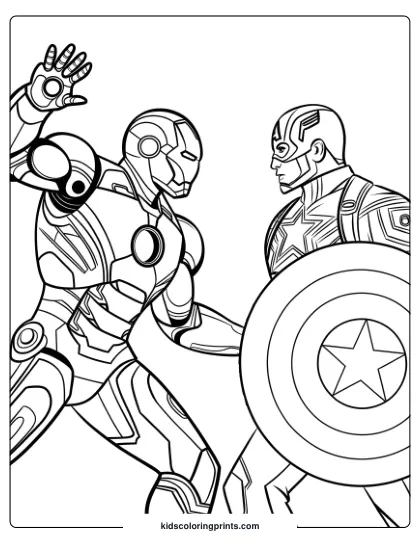 Iron Man And Captain America Facing Each Other In A Dynamic Coloring Page With Iconic Armor And Shield Details.