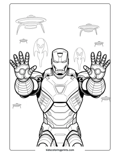 Iron Man Facing An Alien Invasion In A Dramatic Coloring Page, Showcasing His Armored Stance.