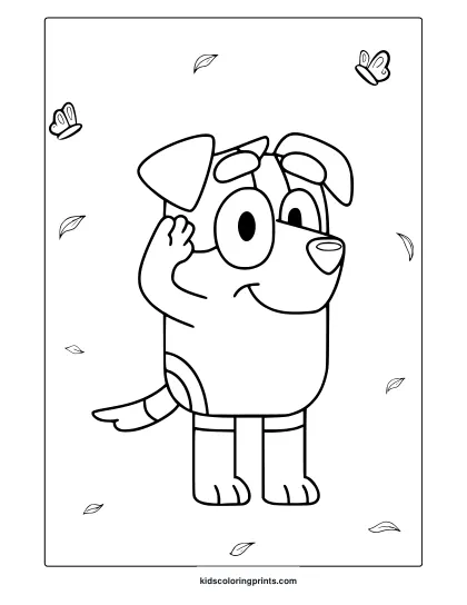 Jack From Bluey Coloring Page With Waving Character And Scattered Leaves And Butterflies.