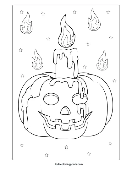 Jack O Lantern With Dripping Candle And Flames In A Spooky Halloween Coloring Page.