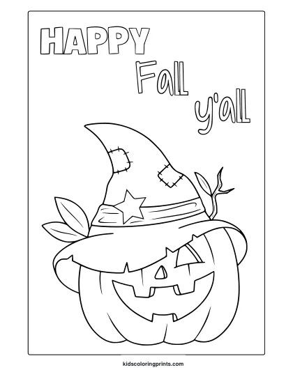 Jack O Lantern With Wizard Hat, Leaves, And Happy Fall Text In A Halloween Coloring Page.