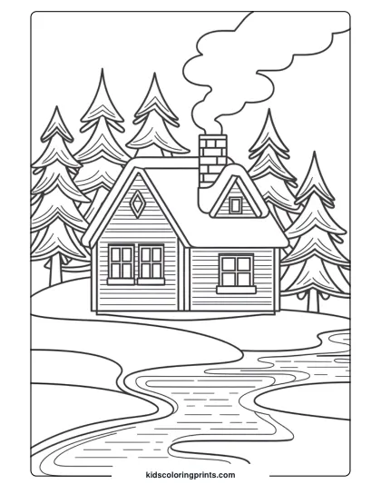Cozy Wooden Cabin With Snowy Pine Trees And A Stream In This Relaxing January Coloring Page For Adults.