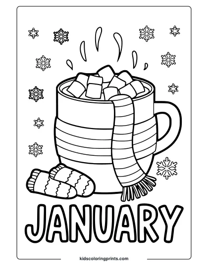 Hot Cocoa Mug With Marshmallows, A Scarf, And Decorative Mittens In This Cozy January-Themed Coloring Page.
