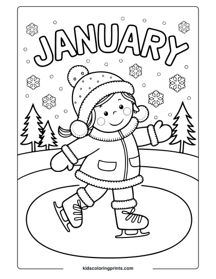 Young Girl Ice Skating In Winter Attire With Snowflakes And Pine Trees In This January Coloring Page.