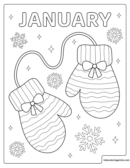 Winter Coloring Page Showing Striped Mittens Connected By A String With Snowflakes.