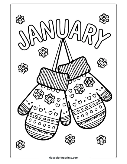 Decorative Mittens With Intricate Patterns Like Hearts And Stripes, Featuring “January” Text In This Coloring Page.