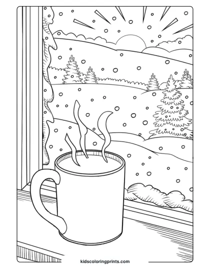 Cozy Winter Scene With A Steaming Mug, Snowy View, And A Rose On The Windowsill In This January Morning Coloring Page.