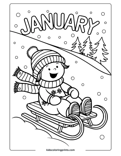 Cheerful Child Sledding Down A Snowy Slope With Trees And Snowflakes In This Fun January Coloring Page.