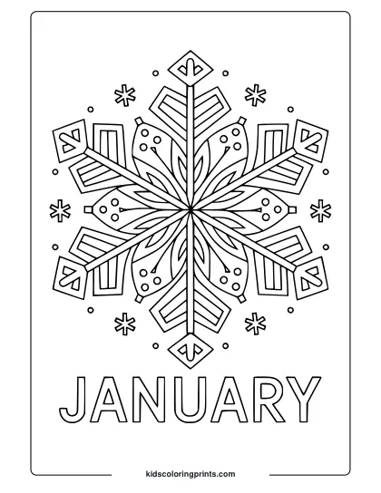 Intricate Snowflake Design With Symmetrical Patterns And “January” Text In This Winter-Themed Coloring Page.