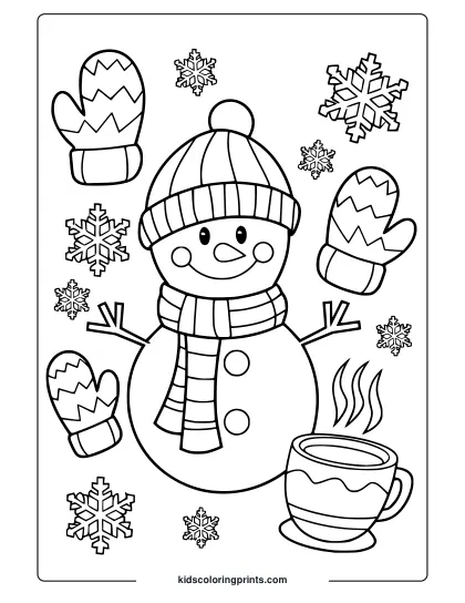 Smiling Snowman With A Scarf, Mittens, And Hot Cocoa Surrounded By Snowflakes In This January-Themed Coloring Page.