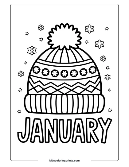 A Detailed Winter Beanie With Patterns And Snowflakes, Featuring “January” Text In This Coloring Page.