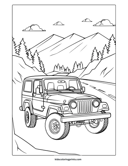 A Jeep On A Mountainous Terrain With Pine Trees, A Great Jeep Car Coloring Page.