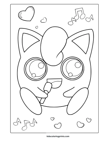 Jigglypuff Holding A Mic With Music Notes And Hearts In A Playful Pokémon Coloring Page.