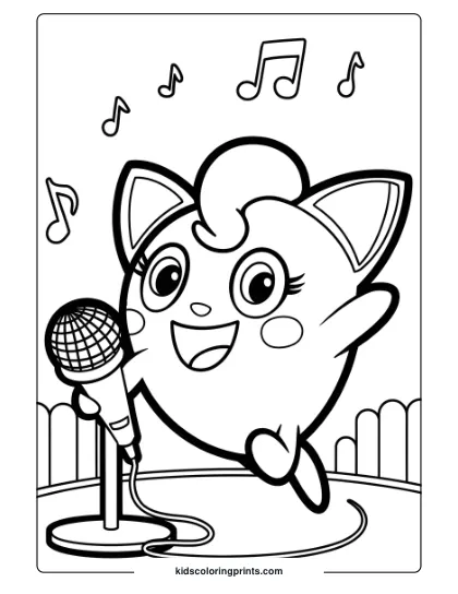 Jigglypuff Coloring Page With Jigglypuff Singing On Stage, Surrounded By Musical Notes In The Air.