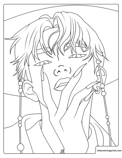 Jinu Close Up Portrait Coloring Page With Long Earrings And Hands Framing His Face