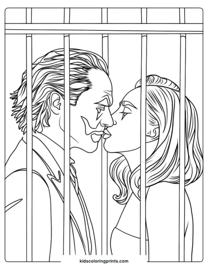 This Joker 2 Coloring Page Features A Monochromatic Depiction Of A Man And A Woman Sharing A Kiss. The Man, Sporting Clown-Like Makeup With Exaggerated Facial Features, And The Serene-Looking Woman Are Placed Behind Vertical Bars, Evoking A Sense Of Confinement Amidst Their Romantic Interaction.