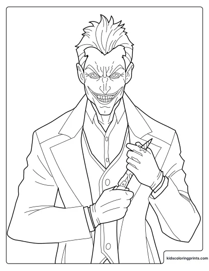 Joker Coloring Page Featuring The Joker Holding A Knife With His Sinister Grin.