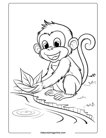 This Coloring Page Captures A Happy Monkey Using A Leaf As A Boat Near A Stream, Smiling With Joy.