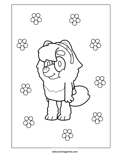 Judo From Bluey Coloring Page Showing A Smiling Husky With Glasses And Floral Decorations.