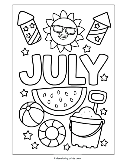 Coloring Page With July Text, Sun, Fireworks, And Beach Items For A Bright Summer Scene.