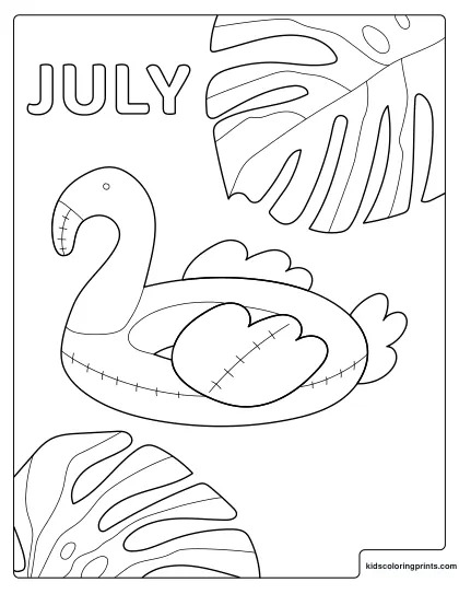 Summer Coloring Page With A Flamingo Float Surrounded By Tropical Leaves.