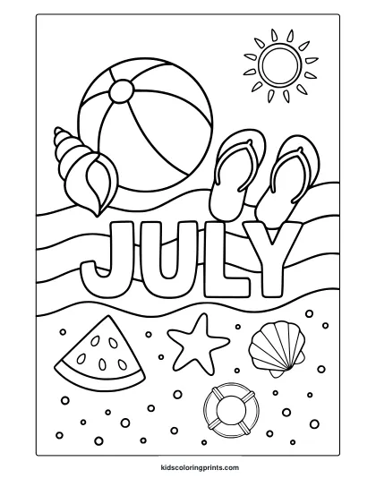 Coloring Page With July Beach Elements Including Ball, Flip-Flops, Seashells, And Watermelon.