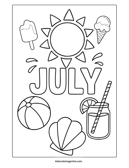 July Coloring Page With Sun, Popsicle, Ice Cream, And Beach Items In A Clean Summer Style.