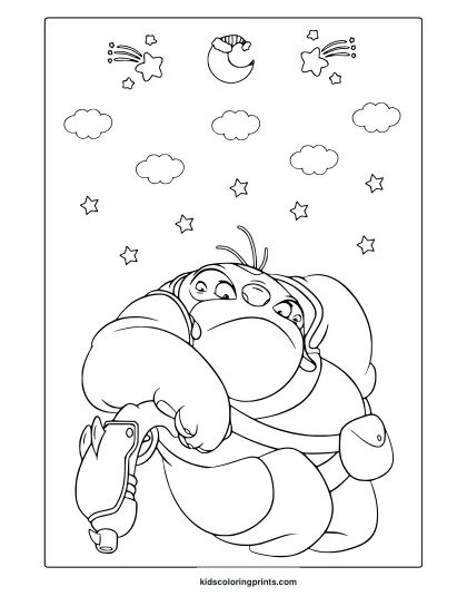 Jumba Jookiba Coloring Page With Cartoon Snail Character Relaxing Under A Starry Sky With Clouds And A Crescent Moon.