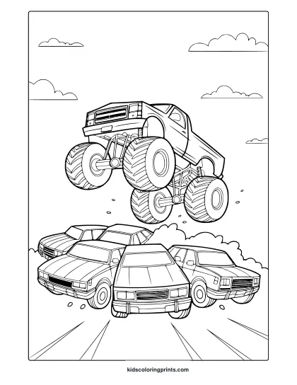 Jumping Monster Truck Over Crushed Cars, Thrilling And Powerful Mid Air Scene On A Coloring Page.