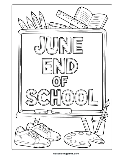 School-Themed Coloring Page With Chalkboard, Sneakers, Pencils, And &Quot;June End Of School&Quot; Text.