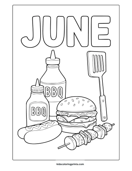 Coloring Page With &Quot;June&Quot; Text, Hot Dog, Burger, Bbq Bottles, And Grill-Themed Summer Items.