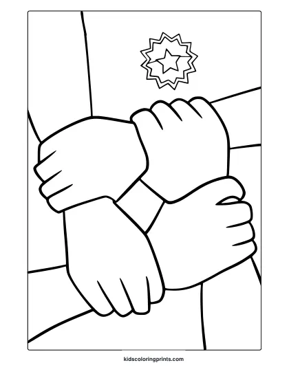 Juneteenth Coloring Page With Four Connected Hands And Symbolic Starburst Above.