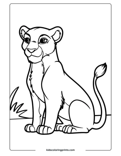 A Peaceful Lion Sitting Amidst Grass, Watching The Wilderness, Making For A Serene Lion Coloring Page For Children.