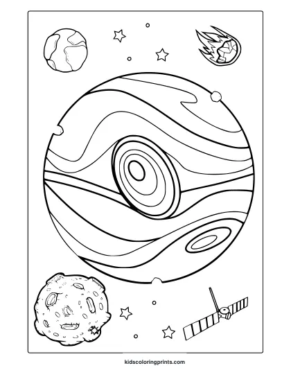 Jupiter With Swirl Bands Moons Comet And Satellite. Creative And Bold Jupiter Coloring Page For Space Lovers.
