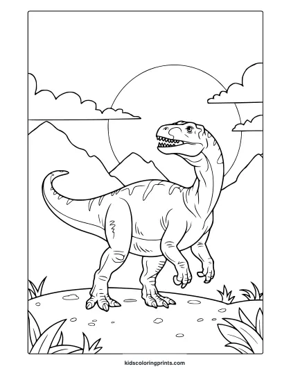 A Cartoon-Style T-Rex In A Jurassic Landscape Features In This Fun And Bold Dinosaur Coloring Page.