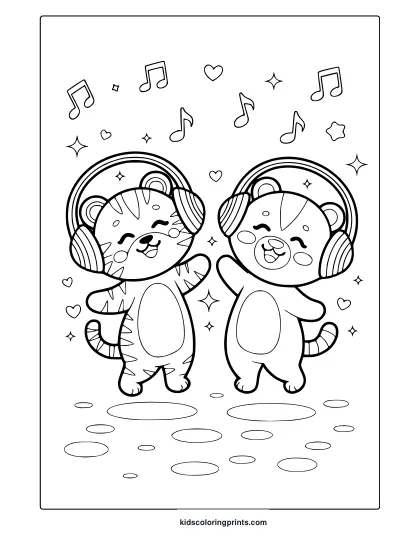 Kawaii Animals Coloring Page With Two Tiger Cubs Wearing Headphones, Surrounded By Music Notes, Hearts, And Stars For A Fun Vibe.