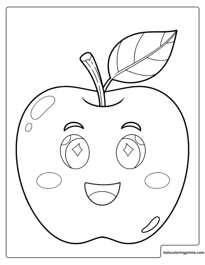 Cute Smiling Kawaii Apple Face Coloring Page.