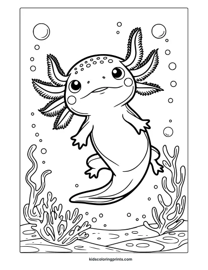 Cute Kawaii Axolotl Coloring Page Featuring An Axolotl Swimming With Bubbles And Plants, Perfect For An Adorable Coloring Experience.