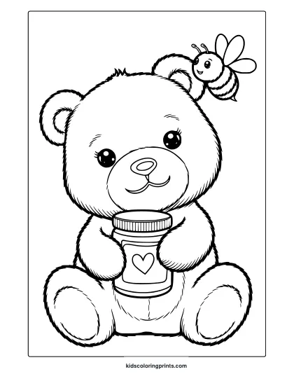 Adorable Kawaii Bear Coloring Page With A Teddy Bear Holding A Heart Jar And A Bee Flying Nearby For A Sweet Coloring Scene.