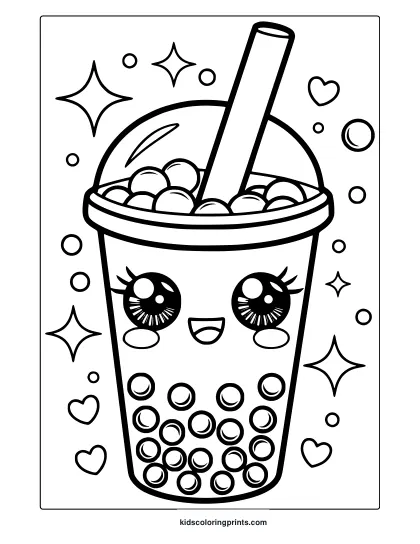 Kawaii Bubble Tea Coloring Page Featuring A Cup Of Boba Tea With A Happy Face, Surrounded By Sparkles And Hearts For A Fun Vibe.