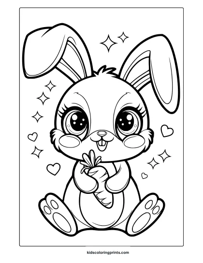 Kawaii Bunny Coloring Page Featuring A Cute Rabbit With Big Eyes Holding A Carrot, Surrounded By Stars And Hearts For A Sweet Design.