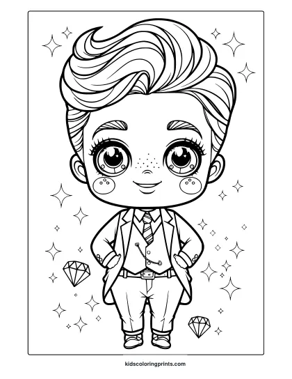 Kawaii Business Boy Coloring Page Featuring A Chibi Character In A Suit With A Confident Stance, Surrounded By Sparkles For A Stylish Look.