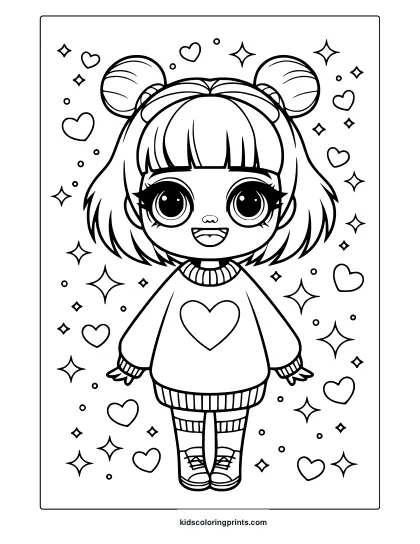 Cute Kawaii Chibi Girl Coloring Page Featuring A Chibi Girl With Big Eyes, A Heart Sweater, And Floating Hearts And Stars Around Her.