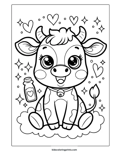 Kawaii Cow Coloring Page Featuring A Cute Cow Sitting On A Cloud, Surrounded By Stars And A Milk Bottle With A Heart Symbol.