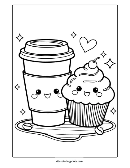 Kawaii Cupcake And Coffee Coloring Page Featuring A Cute Coffee Cup And A Happy Cupcake With A Cherry, Surrounded By Hearts.