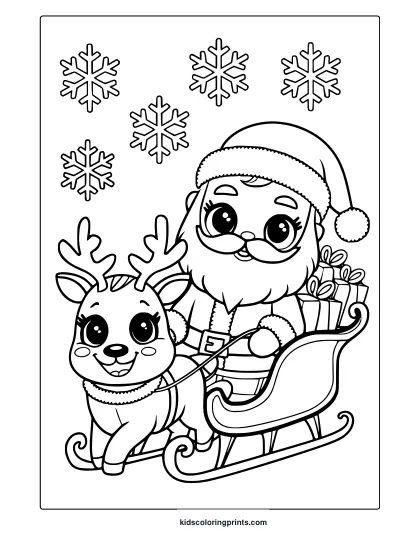 Festive Kawaii Christmas Coloring Page Featuring Santa In His Sleigh With A Cute Reindeer And Presents, Set In A Snowy Winter Scene.