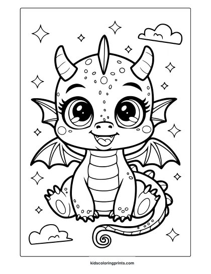 Kawaii Dragon Coloring Page Featuring A Cute Dragon With Big Eyes, Floating Among Clouds And Stars For A Magical Coloring Experience.